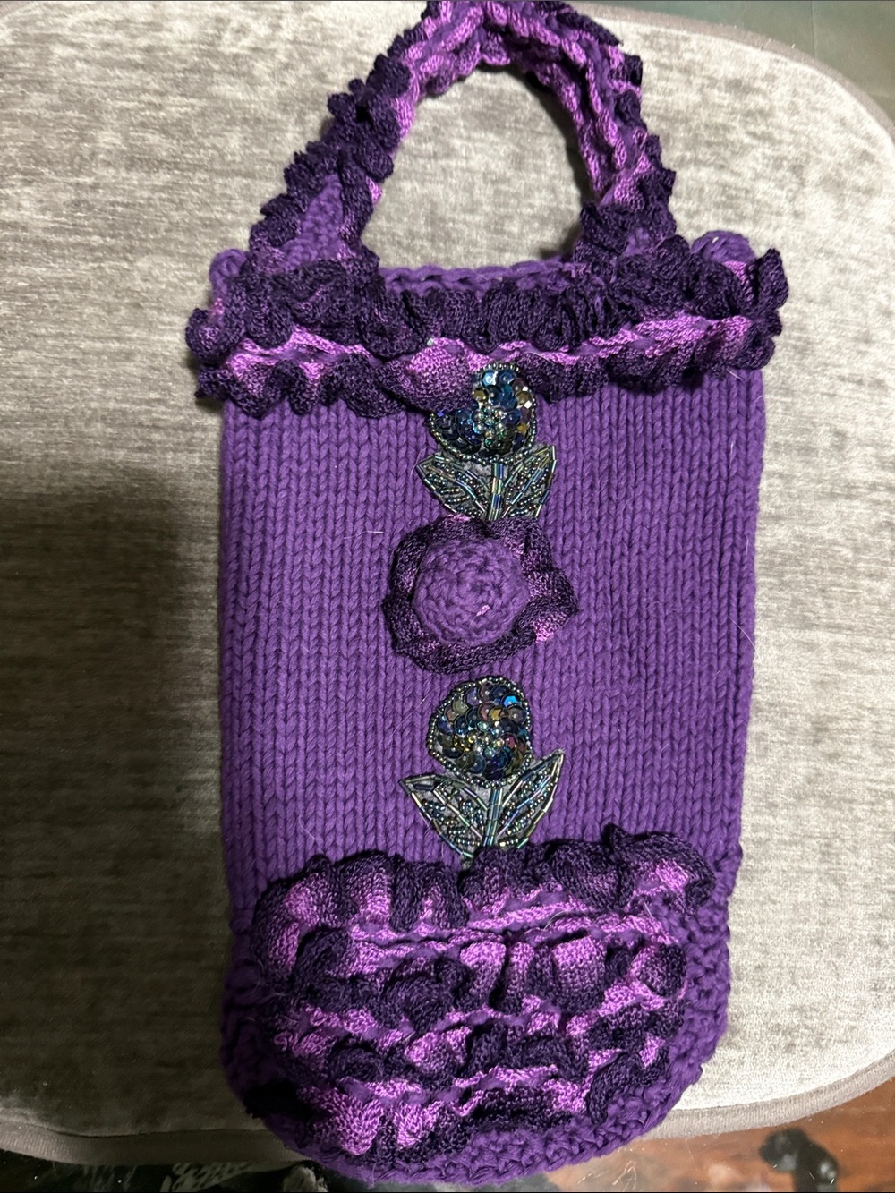 Handmade Purple Knit Floral Appliqué dog sweater 100%Cotton,starchy.
